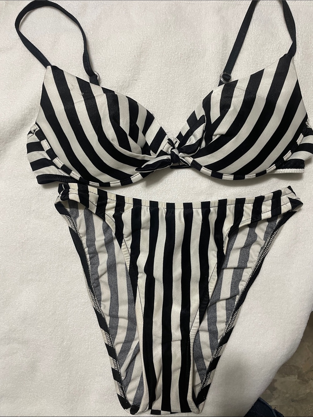 Black Bra and Black-&-White Striped Bikini Bottom